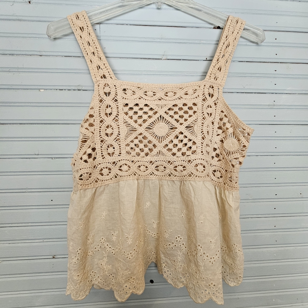 Kontrol Crochet Eyelet Ercu Tan Bohemian Cream Tank Top Size L